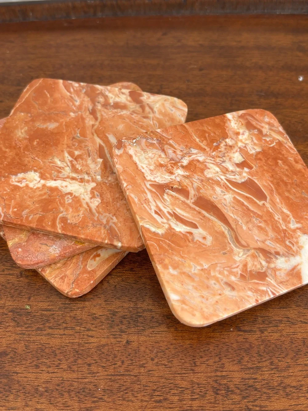 Vintage Studio Now Dusty Orange Marble Coater Set of Four w Cork Back 4”
